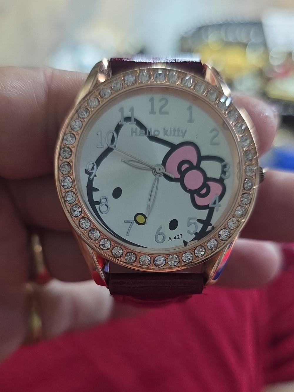 Hello Kitty Rose Gold Watch with Pink Bow and Burgundy Strap